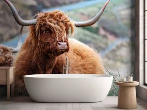 Online Schotse Hooglanders in het gras fotobehang Dieren