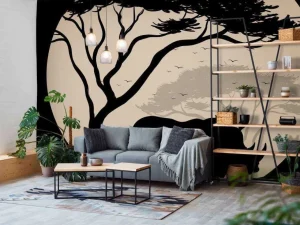 Sale Silhouette van een neushoorn fotobehang Bloemen