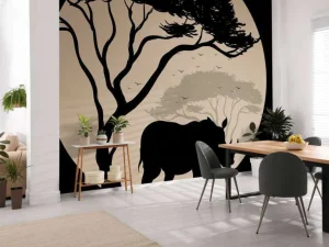 Sale Silhouette van een neushoorn fotobehang Bloemen