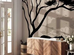 Sale Silhouette van een neushoorn fotobehang Bloemen