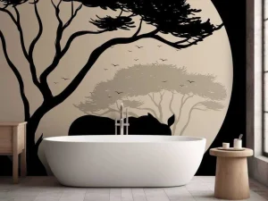 Sale Silhouette van een neushoorn fotobehang Bloemen