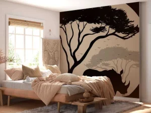 Sale Silhouette van een neushoorn fotobehang Bloemen