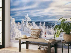 Sale Skiër in een ingesneeuwd bos fotobehang Sport