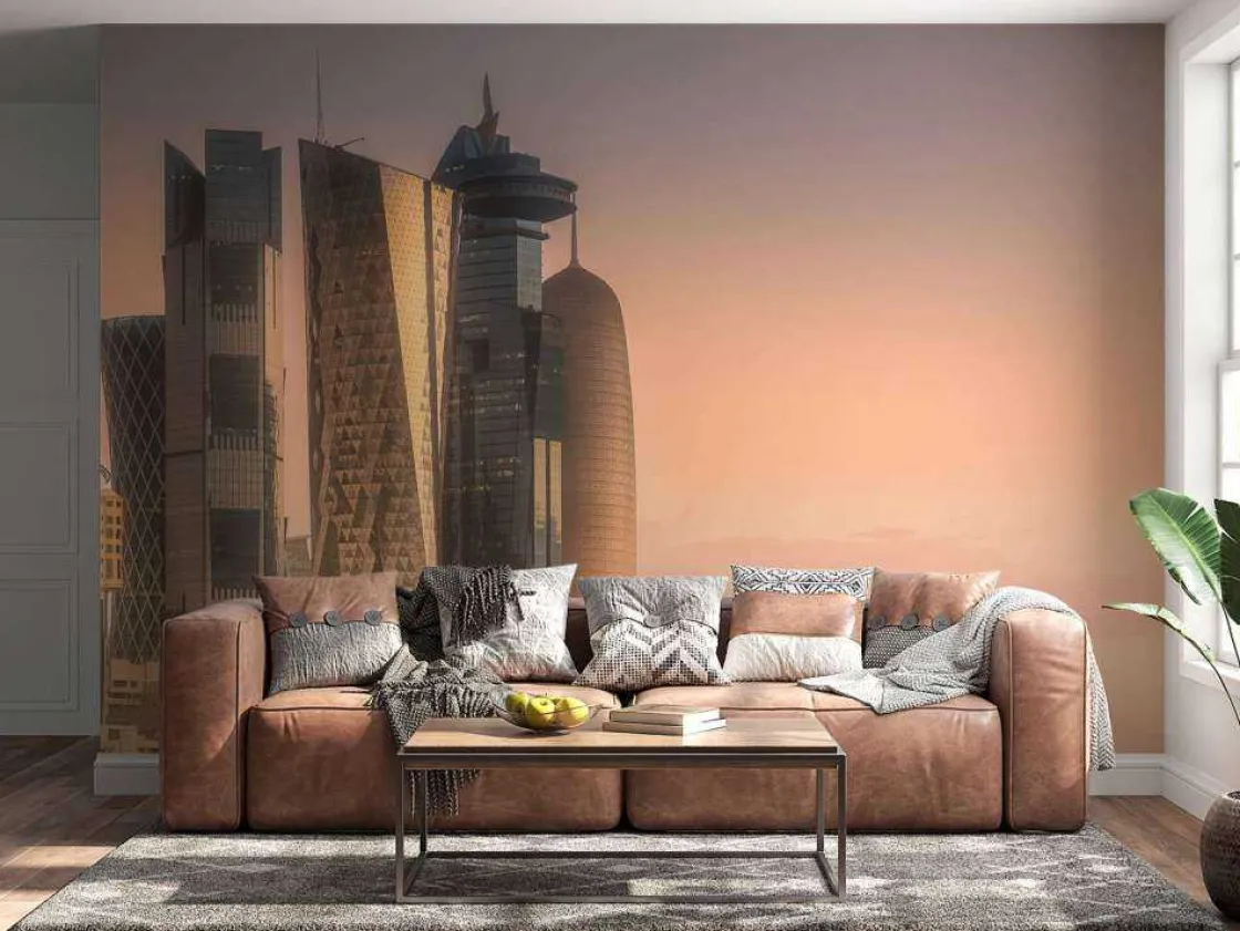 skyline_van_doha_in_de_av_10.webp Discount Skyline van Doha in de avond fotobehang Architectuur