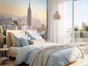 Online Skyline van New York bij zonsopkomst fotobehang Architectuur
