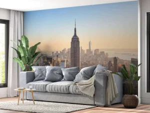 Online Skyline van New York bij zonsopkomst fotobehang Architectuur