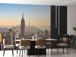 Online Skyline van New York bij zonsopkomst fotobehang Architectuur