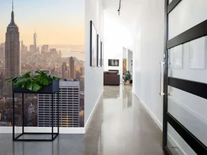 Online Skyline van New York bij zonsopkomst fotobehang Architectuur
