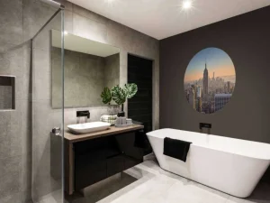 Online Skyline van New York bij zonsopkomst fotobehang Architectuur