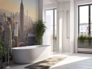 Online Skyline van New York bij zonsopkomst fotobehang Architectuur