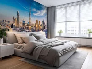 Fashion Snelwegen in Dubai met de skyline op de achtergrond fotobehang Steden | Architectuur