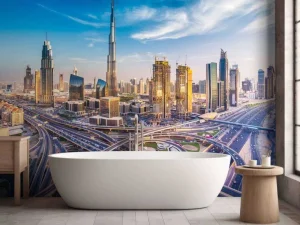 Fashion Snelwegen in Dubai met de skyline op de achtergrond fotobehang Steden | Architectuur