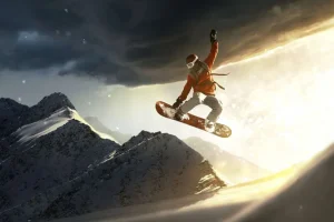 Hot Snowboarder maakt een sprong bij zonsondergang fotobehang Tienerkamer | Sport