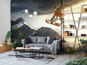 Hot Snowboarder maakt een sprong bij zonsondergang fotobehang Tienerkamer | Sport