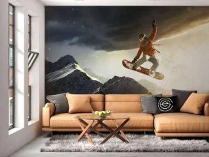 Hot Snowboarder maakt een sprong bij zonsondergang fotobehang Tienerkamer | Sport