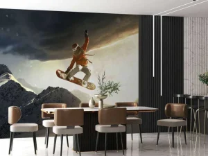 Hot Snowboarder maakt een sprong bij zonsondergang fotobehang Tienerkamer | Sport