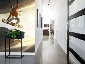 Hot Snowboarder maakt een sprong bij zonsondergang fotobehang Tienerkamer | Sport