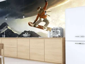 Hot Snowboarder maakt een sprong bij zonsondergang fotobehang Tienerkamer | Sport