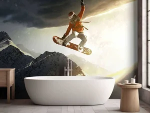 Hot Snowboarder maakt een sprong bij zonsondergang fotobehang Tienerkamer | Sport
