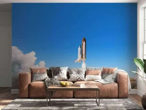 Fashion Space Shuttle stijgt op met rookwolk fotobehang Tienerkamer