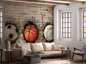 Sale Sportballen in een muur fotobehang Kinderkamer | Sport