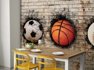Sale Sportballen in een muur fotobehang Kinderkamer | Sport