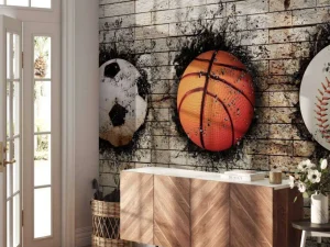 Sale Sportballen in een muur fotobehang Kinderkamer | Sport