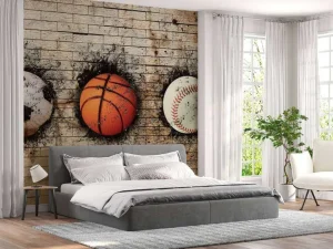 Sale Sportballen in een muur fotobehang Kinderkamer | Sport