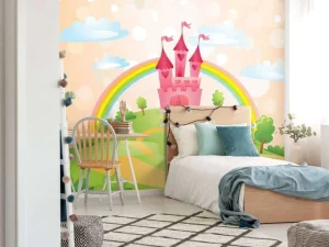 New Sprookjeskasteel met een regenboog fotobehang Kinderkamer