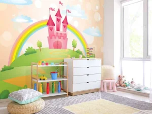 New Sprookjeskasteel met een regenboog fotobehang Kinderkamer