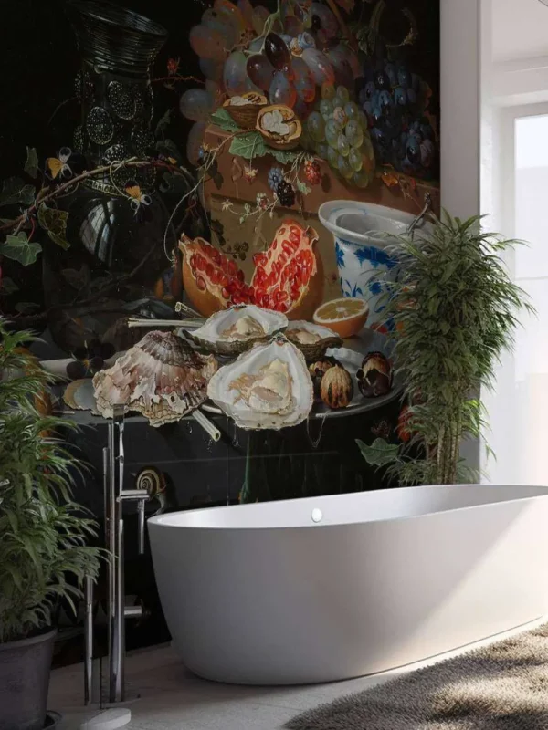 Online Stilleven met vruchten, oesters en een porseleinen kom fotobehang Keuken