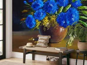 New Stilleven van een vaas met blauwe bloemen fotobehang Kunst & Design | Bloemen