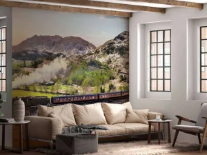 New Stoomtrein door een prachtig landschap in Schotland fotobehang Transport