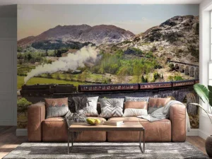 New Stoomtrein door een prachtig landschap in Schotland fotobehang Transport