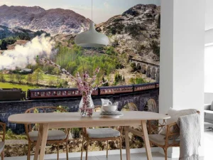 New Stoomtrein door een prachtig landschap in Schotland fotobehang Transport