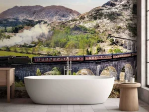 New Stoomtrein door een prachtig landschap in Schotland fotobehang Transport
