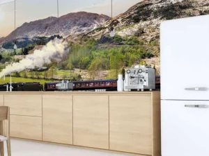New Stoomtrein door een prachtig landschap in Schotland fotobehang Transport
