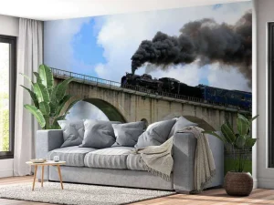 Fashion Stoomtrein op een viaduct fotobehang Transport | Architectuur