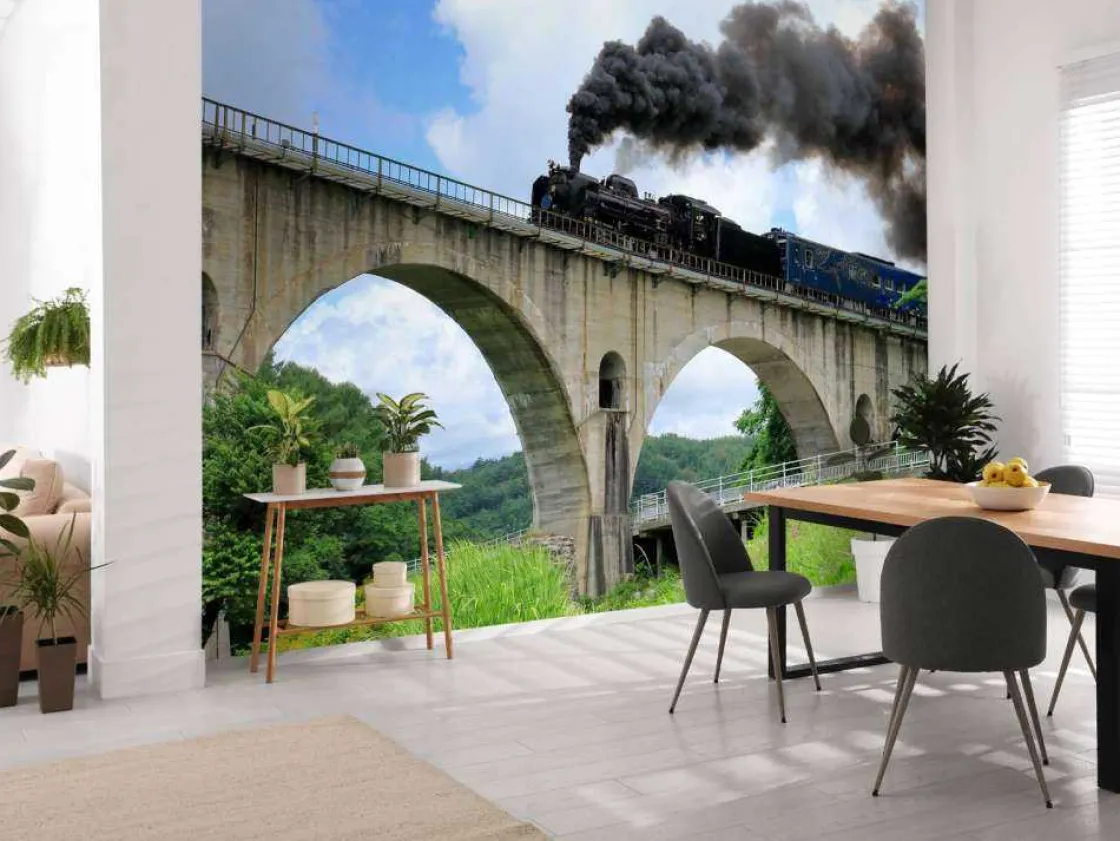 stoomtrein_op_een_viaduct_3.webp Fashion Stoomtrein op een viaduct fotobehang Transport | Architectuur