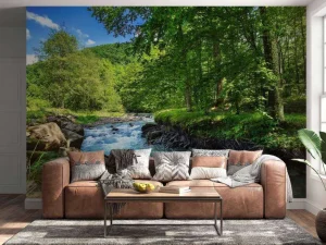 Outlet Stromende Rivier in het Bos in Zomer fotobehang Bloemen