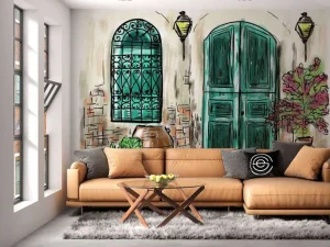 Best Tekening van een Mediterraans huis fotobehang Kunst & Design | Architectuur