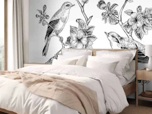 Sale Tekening van vogels op een tak met appelbloesems fotobehang Dieren | Bloemen