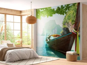 Best Thaise boot met eilanden op de achtergrond fotobehang Transport