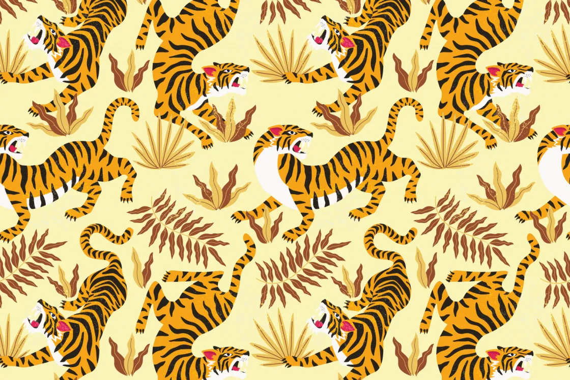 tijger_met_bladeren_print_0.webp Discount Tijger met bladeren print fotobehang Kinderkamer