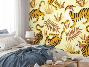 Discount Tijger met bladeren print fotobehang Kinderkamer