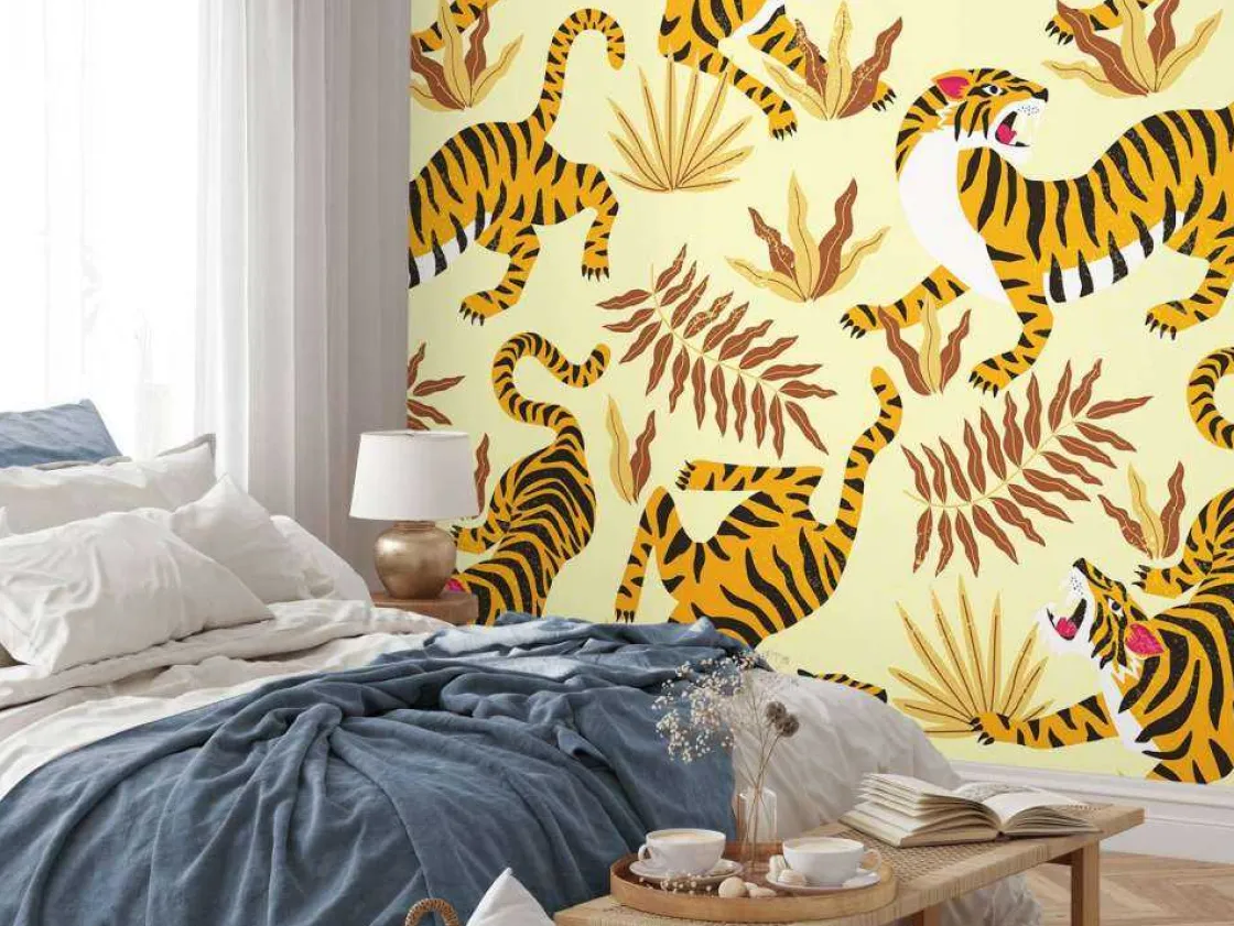 tijger_met_bladeren_print_1.webp Discount Tijger met bladeren print fotobehang Kinderkamer