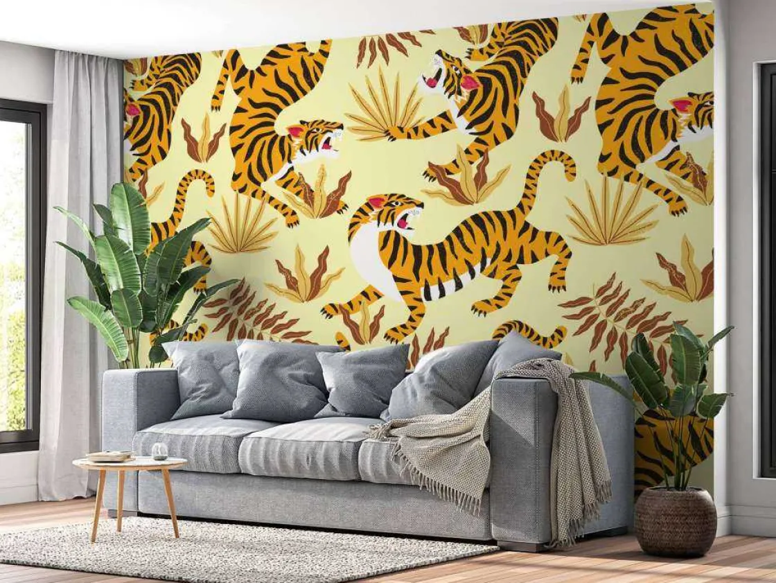 tijger_met_bladeren_print_10.webp Discount Tijger met bladeren print fotobehang Kinderkamer