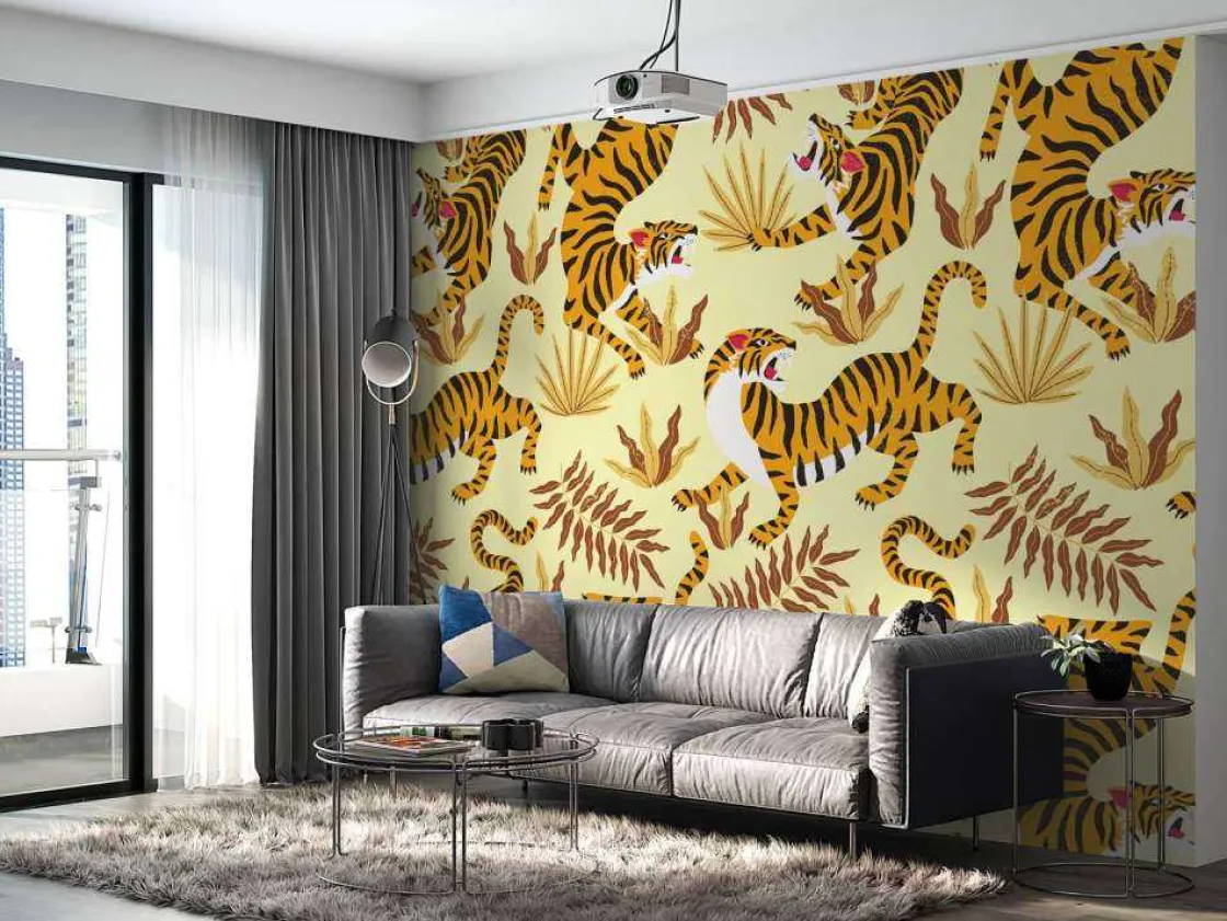 tijger_met_bladeren_print_2.webp Discount Tijger met bladeren print fotobehang Kinderkamer