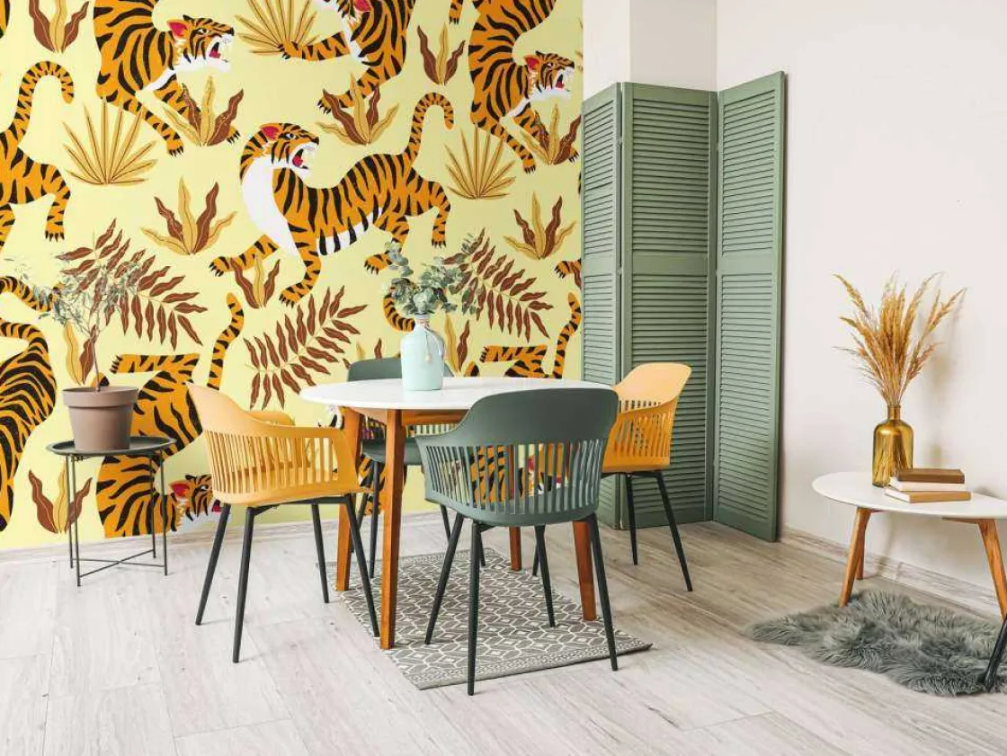 tijger_met_bladeren_print_3.webp Discount Tijger met bladeren print fotobehang Kinderkamer