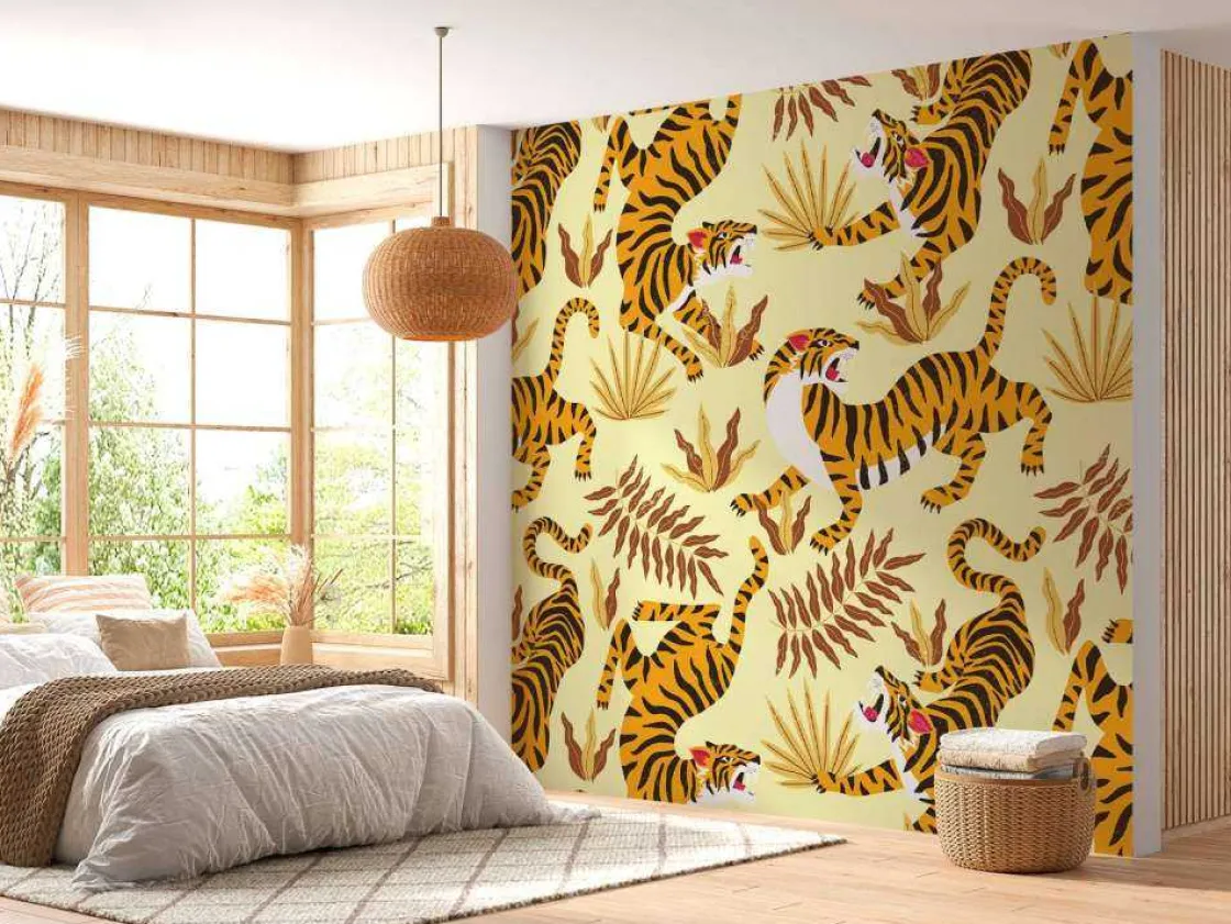 tijger_met_bladeren_print_9.webp Discount Tijger met bladeren print fotobehang Kinderkamer